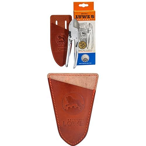 Original LÖWE Set bestehend aus Jubiläumsedition Garten Amboss Schere 5.100 mit handgefertigtem Lederholster & Klingenschutz 9807 zum Schutz vor Verletzungen und Beschädigungen von Original LÖWE