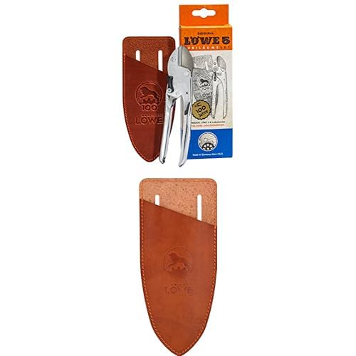 Original LÖWE Set bestehend aus Jubiläumsedition Garten Amboss Schere 5.100 mit handgefertigtem Lederholster & Klingenschutz und Holster 9808 zum Schutz beim Tragen am Körper vor Verletzungen von Original LÖWE