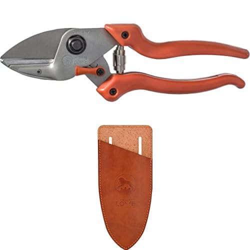 Original LÖWE Set bestehend aus Profi Amboss Gartenschere 6.104 für Schneidearbeiten am Apfelbaum oder Pflaumenbaum & Klingenschutz und Holster 9808 zum Schutz beim Tragen am Körper vor Verletzungen von Original LÖWE