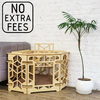 stilvolle Eckhundehütte Für Kleine Hunde | Handgemachte Custom Indoor Kiste Haustierhaus Aus Holz Mit Sechskantausschnitten Designer Möbel von OriginalDogFurniture