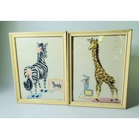 Lithographie Prints Vintage Gerahmt Kinderzimmer-Wand-Dekor Zebra Giraffe Zirkus Tierbilder Zweier Set Made in Den Usa von OriginalVintageGypsy