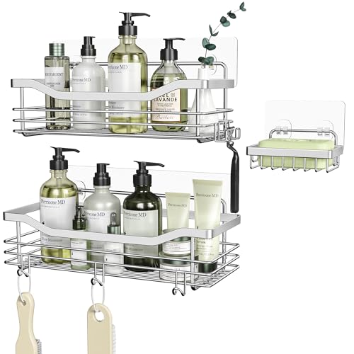 Orimade Duschablage ohne bohren mit Seifenkorb und 5 Haken - Duschregal für die Dusche Badezimmer, Küche Regal Organizer Seifenkorb - Selbstklebend Duschablage ohne Bohren - Edelstahl - 3 Pack von Orimade