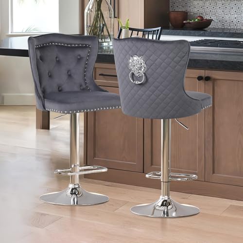 Orirsnug Samt Barhocker 2er Set, Höhenverstellbare Barhocker mit Rückenlehne 360° Schwenkbare Küchenhocker für Küche, Bar, Theke, Grau von Orirsnug
