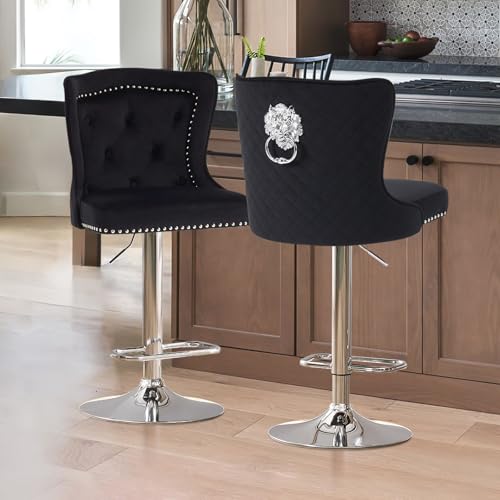 Orirsnug Samt Barhocker 2er Set, Höhenverstellbare Barhocker mit Rückenlehne 360° Schwenkbare Küchenhocker für Küche, Bar, Theke, Schwarz von Orirsnug