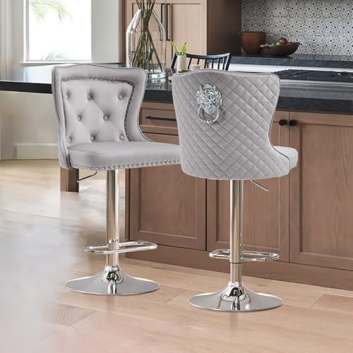 Orirsnug Samt Barhocker 2er Set, Höhenverstellbare Barhocker mit Rückenlehne 360° Schwenkbare Küchenhocker für Küche, Bar, Theke,Hellgrau von Orirsnug