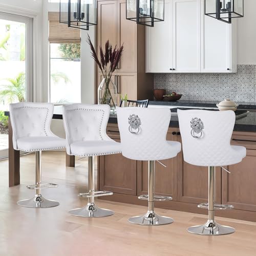 Orirsnug Samt Barhocker 4er Set, Höhenverstellbare Barhocker mit Rückenlehne 360° Schwenkbare Küchenhocker für Küche, Bar, Theke, Weiß von Orirsnug