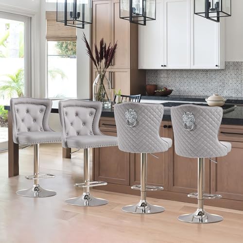 Orirsnug Samt Barhocker 4er Set, Höhenverstellbare Barhocker mit Rückenlehne 360° Schwenkbare Küchenhocker für Küche, Bar, Theke,Hellgrau von Orirsnug