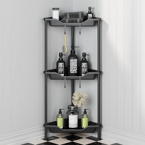 OriwarE 3-Stück Eckregal für Wohnzimmer Schlafzimmer Badezimmer, Kunststoff-Metall Patchwork Boden Lagerregal, Vertikale Dusche Lagerregal, Schwarz Duschablage ohne Bohren Stehende - Rostbeständig von OriwarE