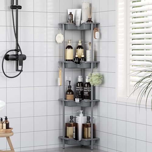 OriwarE 4-Stück Duschablage ohne Bohren Stehende, Kunststoff-Metall Patchwork Boden Lagerregal mit 4 Haken, Rostbeständig Ecke Duschregal, Grau von OriwarE