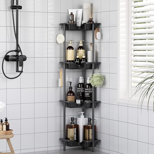 OriwarE 4 Stück Duschablage ohne Bohren Stehende, Kunststoff-Metall Patchwork Boden Lagerregal mit 4 Haken, Rostbeständig Ecke Duschregal von OriwarE