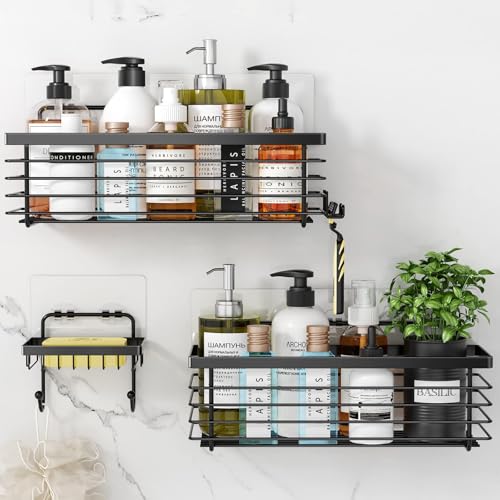 OriwarE Duschablage ohne Bohren Seifenschale mit Haken Badregal Duschablage Ablage Badezimmer Caddy Seifenhalter Wandablage Selbstklebend SUS304 Edelstahl - 3 Stück Schwarz von OriwarE