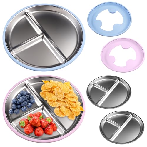 2 Stück Edelstahl Teller Unterteilt mit Saugnapf, 23cm Edelstahl Kinderteller mit Rutschfesten Saugnäpfen, Leicht zu Reinigender, BPA-Frei, Hitzebeständig Baby Teller mit Saugnapf (Blau Und Rosa) von Orixo