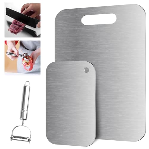 2 Stück Schneidebrett aus Edelstahl 34X23cm+24X15cm, Doppelseitiges Titan Schneidebrett mit SchäLer, Anti-Schimmel und anti-bakteriell Antihaftbes Titan Schneidebret für Fleisch, Obst,Teig Ausrollen von Orixo