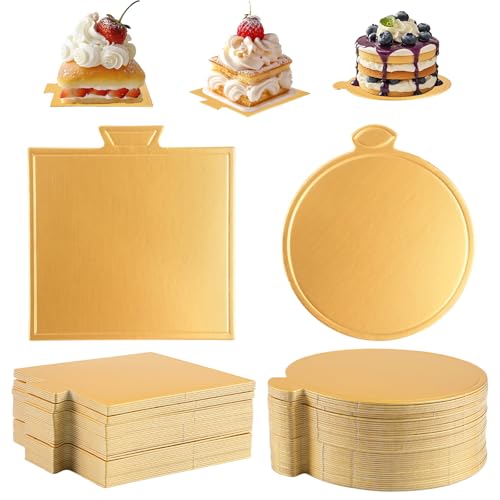 200 Stück Törtchen Untersetzer, 100 Stück Mousse Tortenunterlage 9 cm, 100 Stück Quadratische Mini Tortenplatten Karton 9 cm mit Griff für Hochzeiten, Partys, Konditoreien, Geburtstage (Gold) von Orixo
