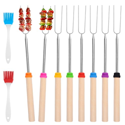 8 Stück Grillspieße Teleskop Marshmallow mit Zwei Ölpinseln, Teleskop Grillspieße Edelstahl Marshmallow Mit Holzgriff 30.5-80.5Cm Grillstab, Stockbrot Stöcke Roasting Sticks für Camping Grill 8 Farben von Orixo