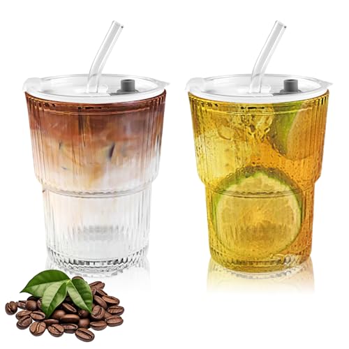 Orixo 2 Stück 400ml Glasbecher mit Deckel und Strohhalm, Eiskaffee Gläser, Matcha Glas, Glas Smoothie Becher, Luftdicht Wasserdicht Design, Trinkglas mit Deckel, für Kaffee Cocktails Tee von Orixo