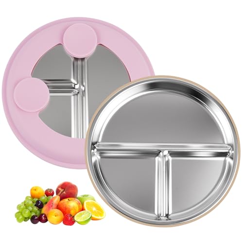 Orixo 2 Stück Babyteller Mit Saugnapf, 23CM Kinderteller Mit Saugnapf, Edelstahl Teller Baby, Geteilte Kinder Teller, Unzerbrechliches Baby Geschirrset, BPA-Frei Und Spülmaschinenfest (Rosa, Beige) von Orixo