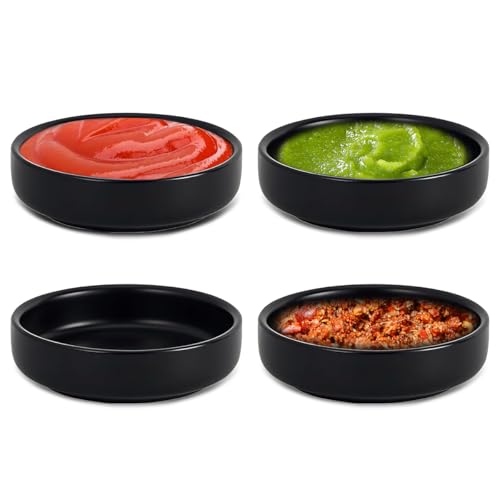 Orixo 4 Stück Dipschalen 8.7x2.5 cm, Dip Schälchen Set, Rund Sojasauce Schälchen, Kleine Schälchen für Dips, Saucenschälchen Stapelbar, Dip Schalen Set, für Soße Ketchup Senf Sushi (Matt Schwarz) von Orixo