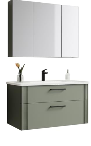 Orka Bari Badmöbel-Set | 85 cm / 100 cm | Mattweiß oder Mattgrün | Mit Keramik-Waschbecken, LED-Spiegelschrank, Vollauszug & Soft-Close | Hochwertige ThermoLaminant & TherMold Fronten (Grün, 100) von Orka