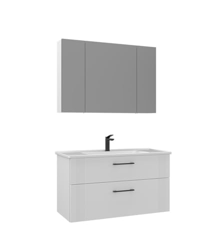 Orka Bari Badmöbel-Set | 85 cm / 100 cm | Mattweiß oder Mattgrün | Mit Keramik-Waschbecken, LED-Spiegelschrank, Vollauszug & Soft-Close | Hochwertige ThermoLaminant & TherMold Fronten (Weiß, 85) von Orka