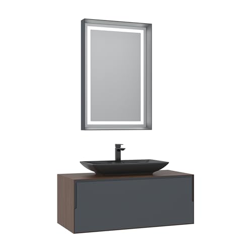 Orka Kraft Badmöbel-Set 100/120 cm | Kompaktlaminat & Matt Anthrazit | Keramik-Aufsatzwaschbecken & LED-Spiegel | Vollauszug & Soft-Close (100) von Orka