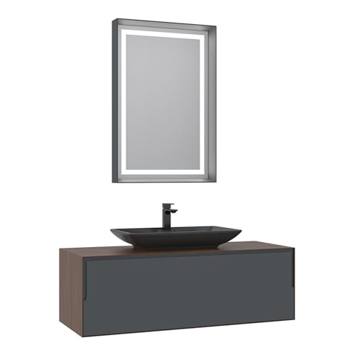 Orka Kraft Badmöbel-Set 100/120 cm | Kompaktlaminat & Matt Anthrazit | Keramik-Aufsatzwaschbecken & LED-Spiegel | Vollauszug & Soft-Close (120) von Orka