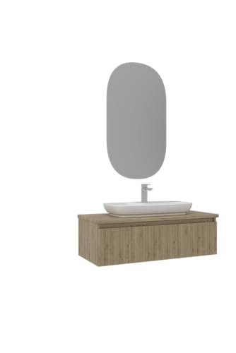 Orka Lentia Badmöbel-Set | 100 cm | Mattweiß oder Matt Eiche | Mit Keramik-Waschbecken, LED-Spiegel, Vollauszug & Soft-Close | Hochwertige TherMold Fronten (Matt Eiche) von Orka