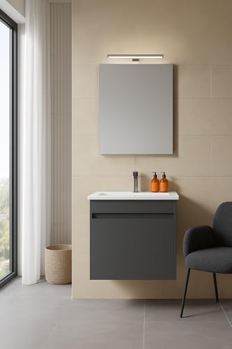 Orka Lova Badmöbel-Set | 60 cm / 80 cm | Mattweiß, Anthrazit, Legnano, Navaro | Mit Keramik-Waschbecken & LED Spiegel | Soft-Close Türen (Anthrazit, 60) von Orka
