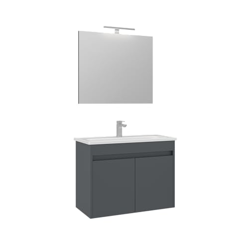 Orka Lova Badmöbel-Set | 60 cm / 80 cm | Mattweiß, Anthrazit, Legnano, Navaro | Mit Keramik-Waschbecken & LED Spiegel | Soft-Close Türen (Anthrazit, 80) von Orka