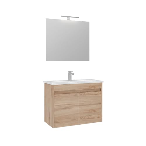 Orka Lova Badmöbel-Set | 60 cm / 80 cm | Mattweiß, Anthrazit, Legnano, Navaro | Mit Keramik-Waschbecken & LED Spiegel | Soft-Close Türen (Legnano, 80) von Orka