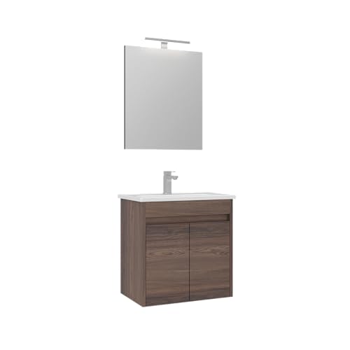 Orka Lova Badmöbel-Set | 60 cm / 80 cm | Mattweiß, Anthrazit, Legnano, Navaro | Mit Keramik-Waschbecken & LED Spiegel | Soft-Close Türen (Navaro, 60) von Orka