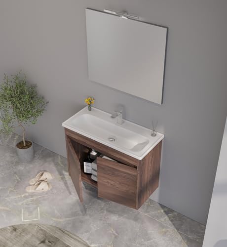 Orka Lova Badmöbel-Set | 60 cm / 80 cm | Mattweiß, Anthrazit, Legnano, Navaro | Mit Keramik-Waschbecken & LED Spiegel | Soft-Close Türen (Navaro, 80) von Orka