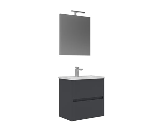 Orka Lova Badmöbel-Set | 60 cm / 80 cm | Weiß, Anthrazit, Eiche Hell/Dunkel | Mit Keramik-Waschbecken & LED Spiegel | Soft-Close Schubladen (Anthrazit, 60) von Orka