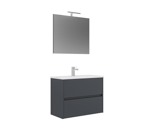 Orka Lova Badmöbel-Set | 60 cm / 80 cm | Weiß, Anthrazit, Eiche Hell/Dunkel | Mit Keramik-Waschbecken & LED Spiegel | Soft-Close Schubladen (Anthrazit, 80) von Orka