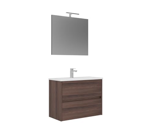 Orka Lova Badmöbel-Set | 60 cm / 80 cm | Weiß, Anthrazit, Eiche Hell/Dunkel | Mit Keramik-Waschbecken & LED Spiegel | Soft-Close Schubladen (Eiche Dunkel, 60) von Orka