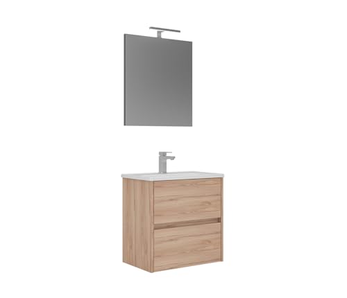Orka Lova Badmöbel-Set | 60 cm / 80 cm | Weiß, Anthrazit, Eiche Hell/Dunkel | Mit Keramik-Waschbecken & LED Spiegel | Soft-Close Schubladen (Eiche Hell, 60) von Orka