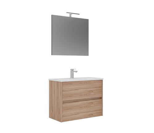 Orka Lova Badmöbel-Set | 60 cm / 80 cm | Weiß, Anthrazit, Eiche Hell/Dunkel | Mit Keramik-Waschbecken & LED Spiegel | Soft-Close Schubladen (Eiche Hell, 80) von Orka