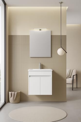 Orka Lova Badmöbel-Set | 60 cm / 80 cm | Weiß, Anthrazit, Eiche Hell/Dunkel | Mit Keramik-Waschbecken & LED Spiegel | Soft-Close Schubladen (Weiß, 60) von Orka