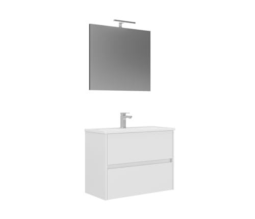 Orka Lova Badmöbel-Set | 60 cm / 80 cm | Weiß, Anthrazit, Eiche Hell/Dunkel | Mit Keramik-Waschbecken & LED Spiegel | Soft-Close Schubladen (Weiß, 80) von Orka