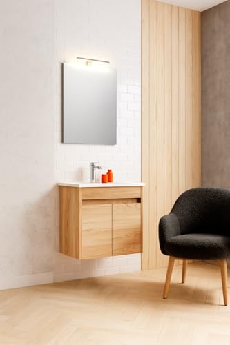 Orka Lova Badmöbel-Set | 60 cm / 80 cm | Weiß, Anthrazit, Eiche Hell/Dunkel | Mit Keramik-Waschbecken & LED Spiegel | Soft-Close Türen (Eiche Hell, 60) von Orka