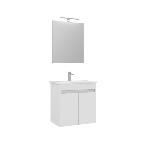 Orka Lova Badmöbel-Set | 60 cm / 80 cm | Weiß, Anthrazit, Eiche Hell/Dunkel | Mit Keramik-Waschbecken & LED Spiegel | Soft-Close Türen (Weiß, 60) von Orka