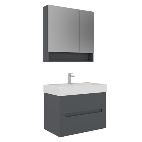 Orka Malta 80 cm Badezimmerschrank Set mit Spiegel & Keramik Aufsatz-Waschbecken – Modernes Badmöbel mit Soft-Close Schubladen, MDF matt lackiert, wasserresistent (Matt Anthrazit) von Orka