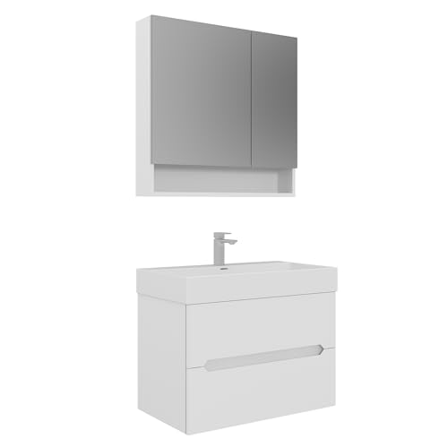 Orka Malta 80 cm Badezimmerschrank Set mit Spiegel & Keramik Aufsatz-Waschbecken – Modernes Badmöbel mit Soft-Close Schubladen, MDF matt lackiert, wasserresistent (Matt Weiß) von Orka