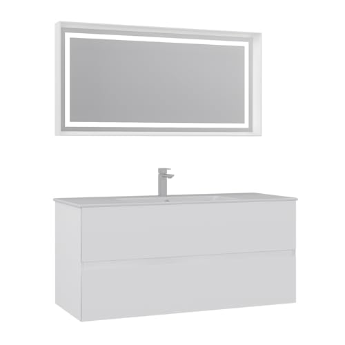 Orka Nest Badmöbel Set 90/120 cm – Weiß Matt MDF Waschtisch mit Keramik Waschbecken & LED Spiegel – Modernes Badezimmermöbel mit Softclose Schubladen (120) von Orka