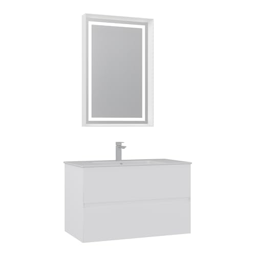 Orka Nest Badmöbel Set 90/120 cm – Weiß Matt MDF Waschtisch mit Keramik Waschbecken & LED Spiegel – Modernes Badezimmermöbel mit Softclose Schubladen (90) von Orka