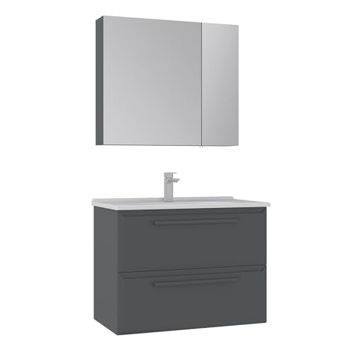 Orka Nuvola 80 cm Badmöbel-Set – Keramik Waschbecken, Spiegel-Obermodul Inklusive – MDF Hochglanz Lack – Hochglanz Weiß & Anthrazit – Modernes Design (Hochglanz Anthrazit) von Orka