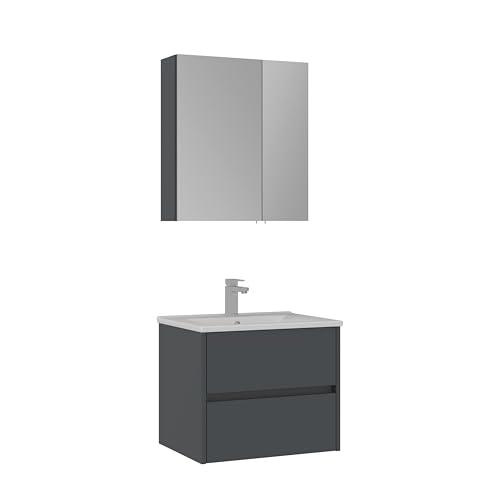 Orka Side Badmöbel Set 65/85 cm – Waschtisch mit Keramik Waschbecken, Spiegelschrank & Softclose Schubladen – Modernes Badezimmermöbel in Weiß oder Anthrazit (Matt Anthrazit, 65) von Orka