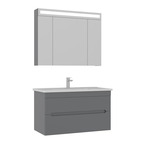 Orka Varna Badmöbel Set 80/100 cm – Waschbeckenunterschrank mit Keramik Waschbecken & LED Spiegelschrank – Modernes Badezimmermöbel Set, Matt Weiß/Matt Grau (Matt Grau, 100) von Orka