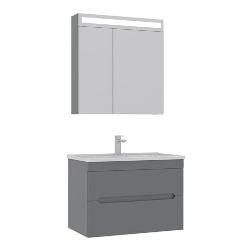 Orka Varna Badmöbel Set 80/100 cm – Waschbeckenunterschrank mit Keramik Waschbecken & LED Spiegelschrank – Modernes Badezimmermöbel Set, Matt Weiß/Matt Grau (Matt Grau, 80) von Orka