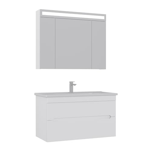 Orka Varna Badmöbel Set 80/100 cm – Waschbeckenunterschrank mit Keramik Waschbecken & LED Spiegelschrank – Modernes Badezimmermöbel Set, Matt Weiß/Matt Grau (Matt Weiß, 100) von Orka